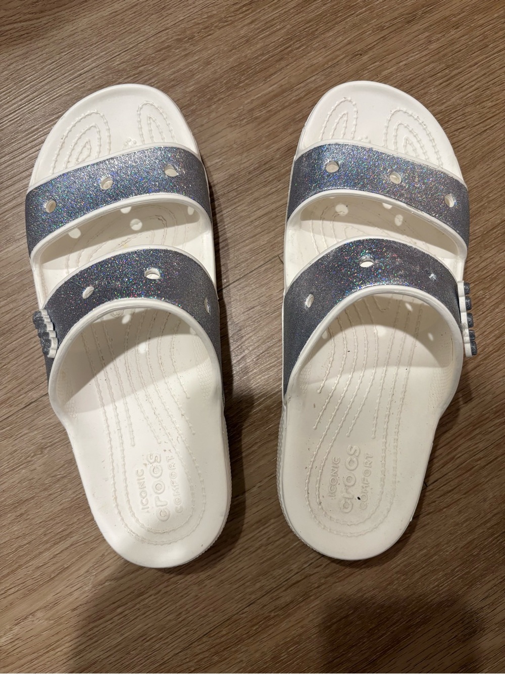 CROCS Women’s SIZE 11 Double-Band Glitter Slide Sandals - White and Silver